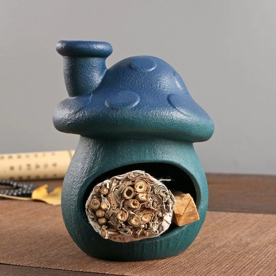 Decorazione per meditazione in forma di fungai, contenitore blu ceramico per palo santo e salvia - mini candeliere da tavolo, decorazione funghiforme per meditazione spirituale e yoga