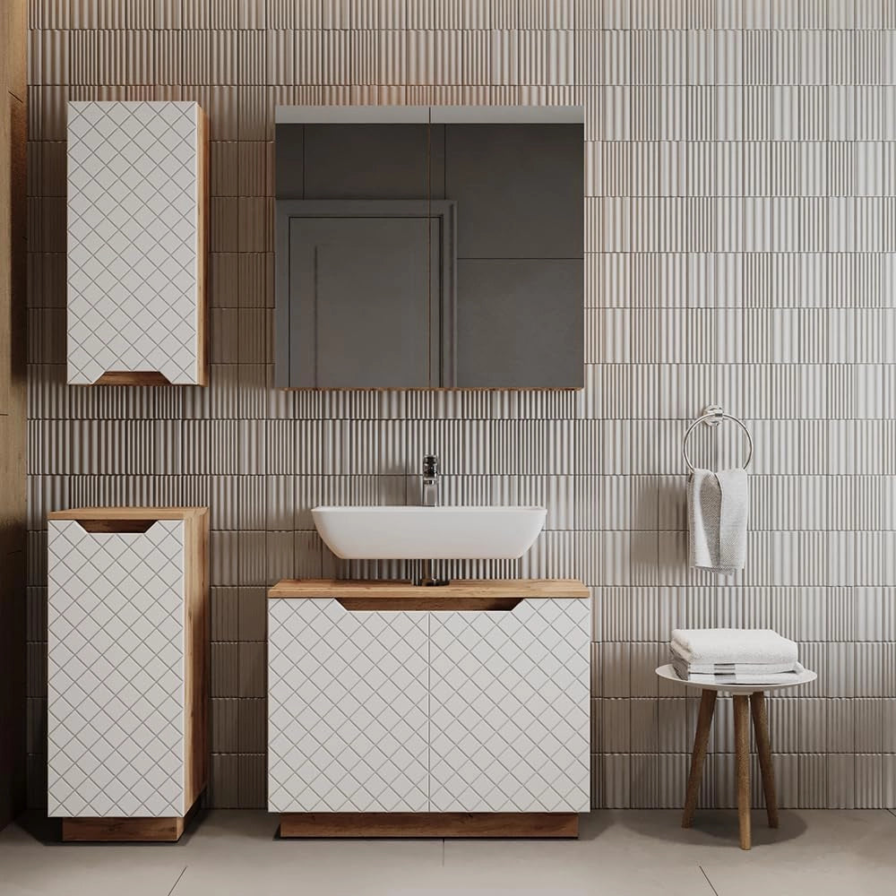 Set di mobili da bagno Lotta, Rovere/bianco con struttura in piastrelle, 4 parti