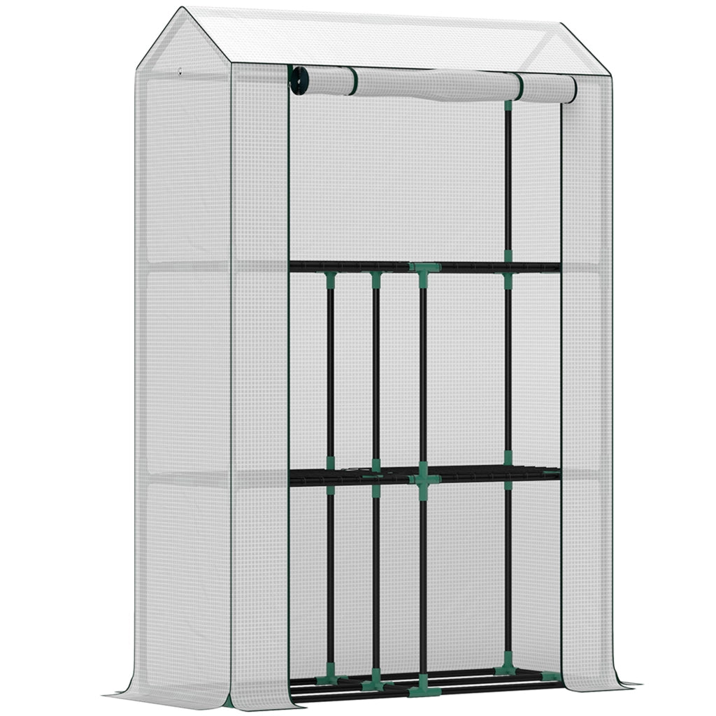 Serra da balcone con ripiani a 3 livelli, porta arrotolabile, struttura in acciaio, bianca, 100x40x150 cm