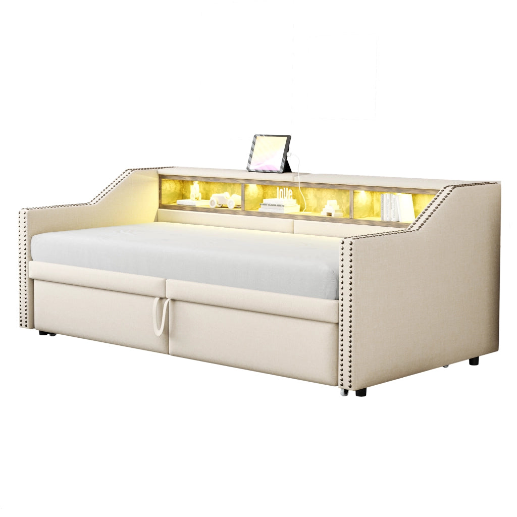 Letto imbottito estraibile matrimoniale 90×200 cm e 180×200 cm con ripiani; USB; LED; rete; senza materasso; beige