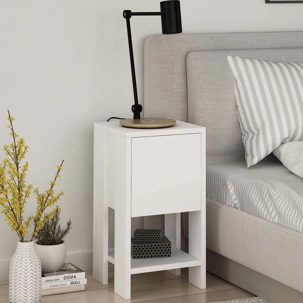 Comodino 30x30x55 cm Mobiletto con Anta a Ribalta e Ripiano in Legno Bianco