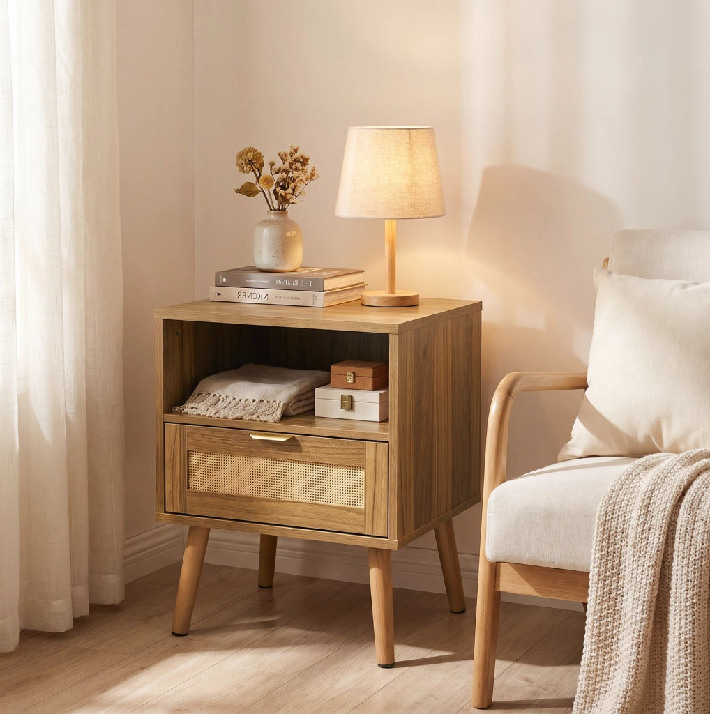 Comodino 45x40x55 cm in MDF e rattan effetto noce con cassetto -