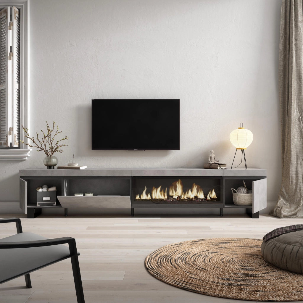 Mobile TV Soggiorno, 288x35x57cm, TV di grande formato, Camino elettrico XXL, Design industriale, grigio cemento RF3620