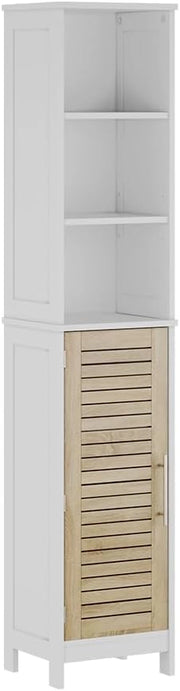 Armadio per il bagno Looma, Bianco/quercia, 35 x 173 cm con 6 scomparti, utilizzabile come armadio sovrapponibile per lavatrice o WC