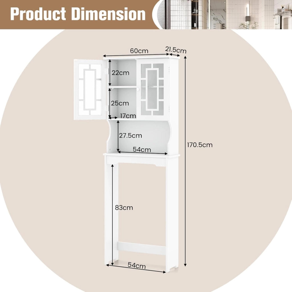 Mobile Lavatrice Salvaspazio 3 Livelli, Scaffale Portaoggetti con Ripiano e Ante in Vetro Temperato, Bianco, 170,5x60x21,5cm