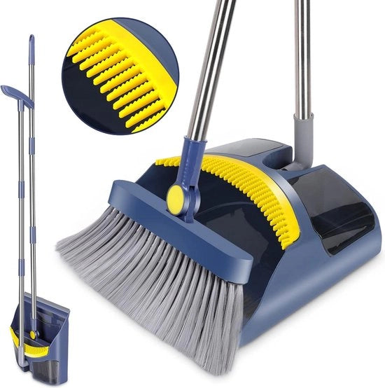 Set di aspirapolvere e pennello con asta lunga 119 cm - pennello per pulizia - contenitore per polvere in posizione verticale - pulizia interna ed esterna - blu - giallo Set di aspirapolvere e pennello con asta lunga 119 cm