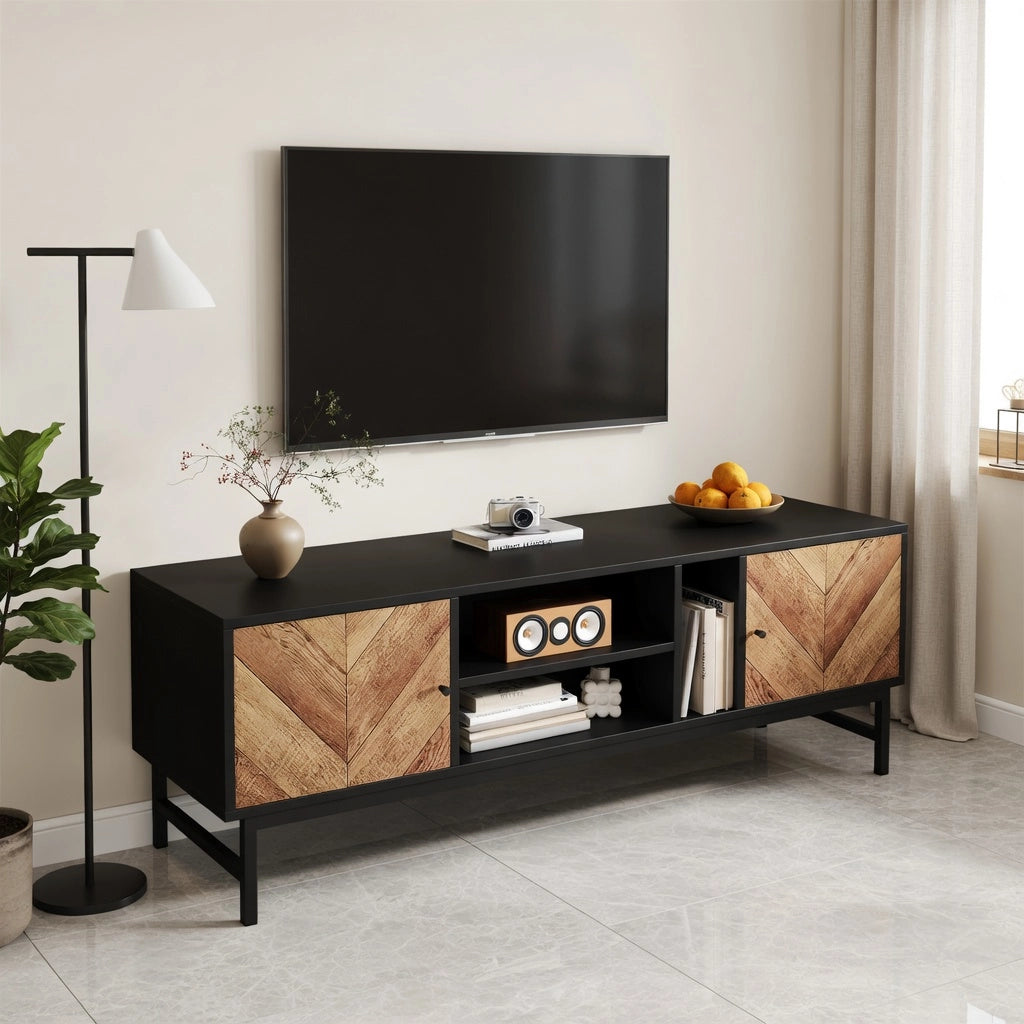 Cassettiera per TV nera e legno con struttura in truciolare e ferro; lunghezza 150 cm