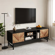 Cassettiera per TV nera e legno con struttura in truciolare e ferro; lunghezza 150 cm