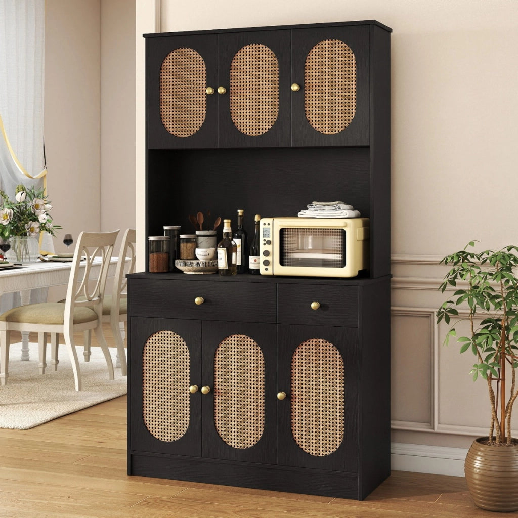 Credenza indipendente boho per soggiorno con 6 ante in rattan 2 cassetti, Mobile dispensa 180 cm con vetrina Nero-Credenze buffet