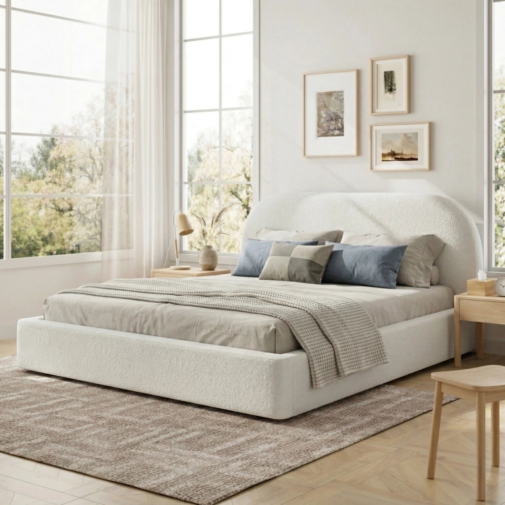 Letto matrimoniale 180x200 cm in Bouclé beige con rete a doghe, testiera imbottita e struttura con angoli arrotondati