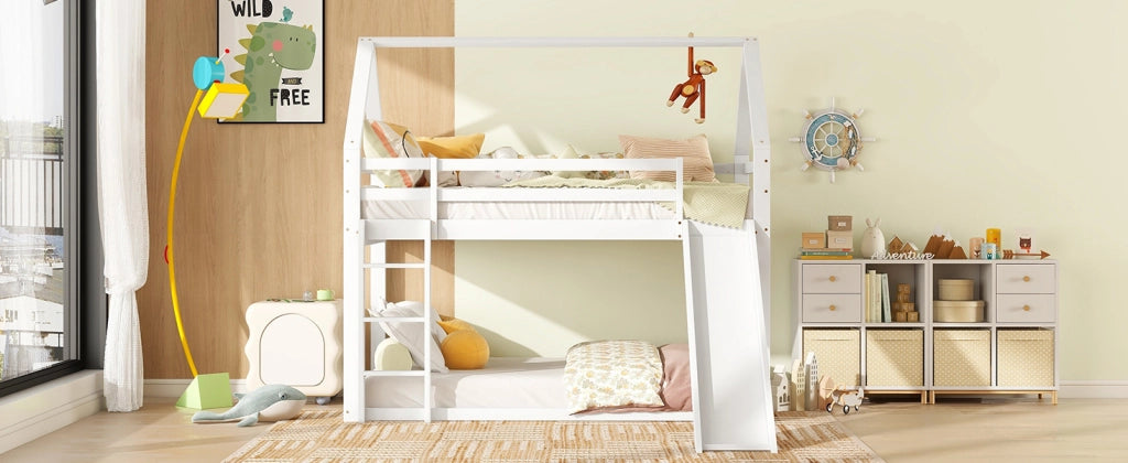 DESMIU Letto a castello bambino 90 × 200 cm con scivolo e scala, senza materasso, in legno, bianco