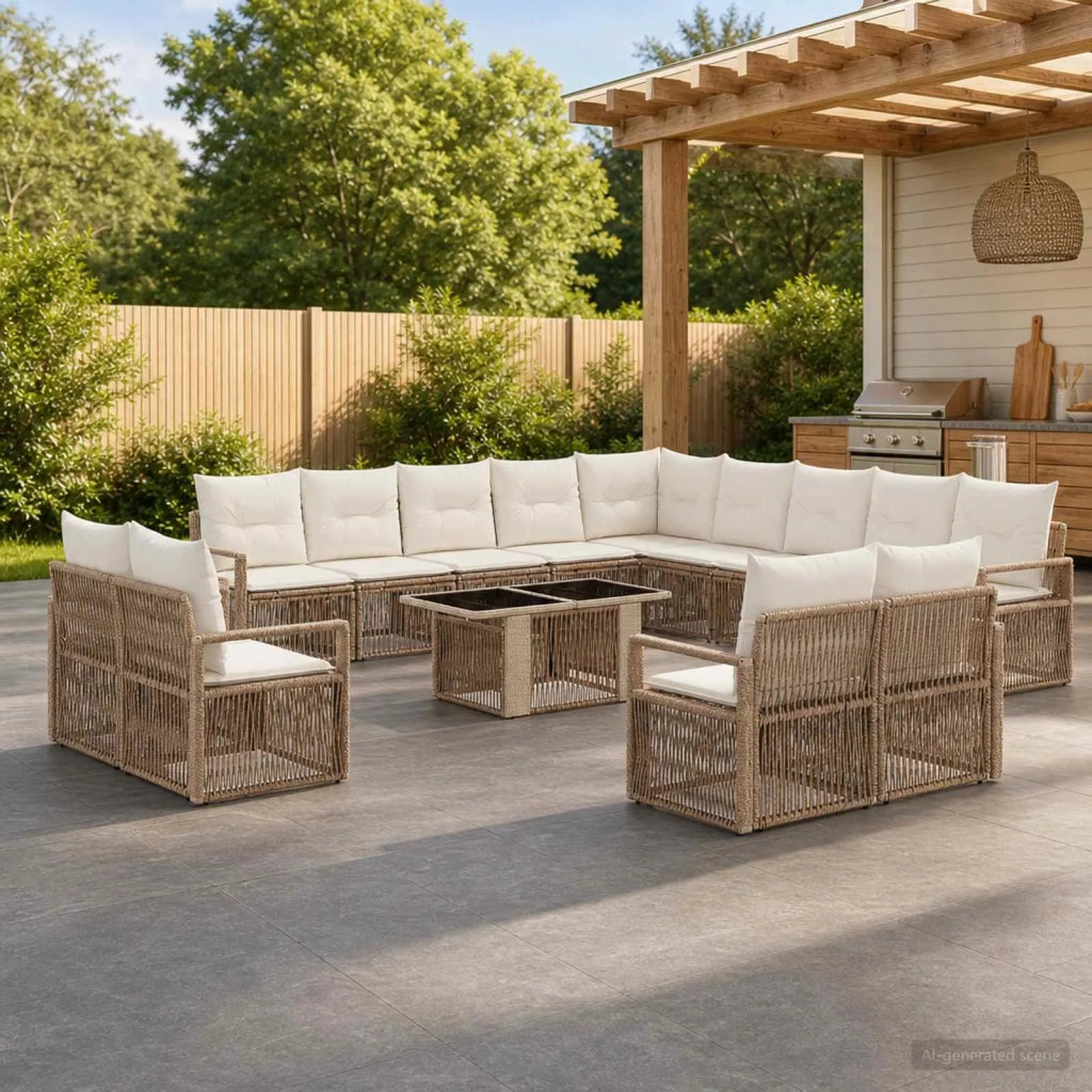 Set Divano da Giardino 14 pz Beige e Bianco Crema polyrattan 3437184