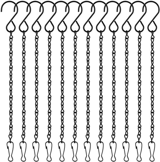 12 pacchi di catene di sostegno nere, 25 cm, per maniglie di sostegno, maniglie per piante di giardino, catene metalliche con ganci e clip per cesti di cibo, gong per vento, lampioni, vasi per piante e ornamenti decorativi