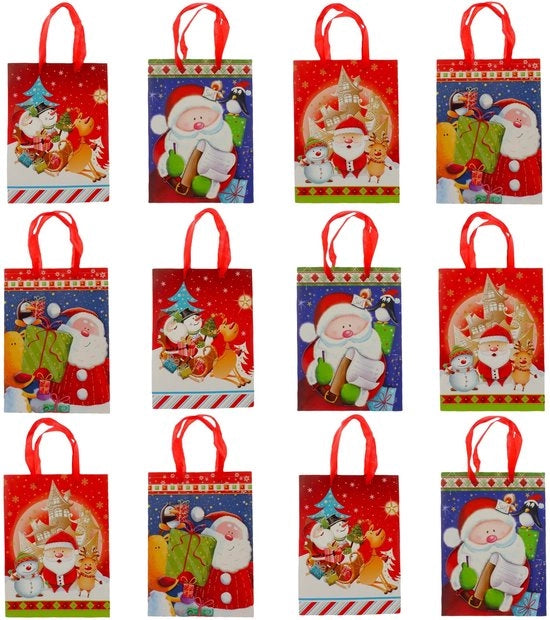 Set di 12 sacchetti di regalo riutilizzabili - Dimensioni 24 x 18 x 7 cm - Sacchetti di Natale - Con maniglie per trasporto - Motivi teneri - Borse da regalo