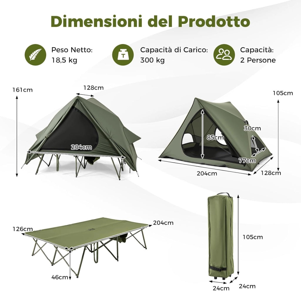Tenda da Campeggio per 2 Persone, Tenda Impermeabile e Pieghevole con Tenda Pop-up, Letto da Campeggio, Borsa con Ruote, Telo Antipioggia, 2 Porte a Rete e Finestre per Spiaggia e Campeggio