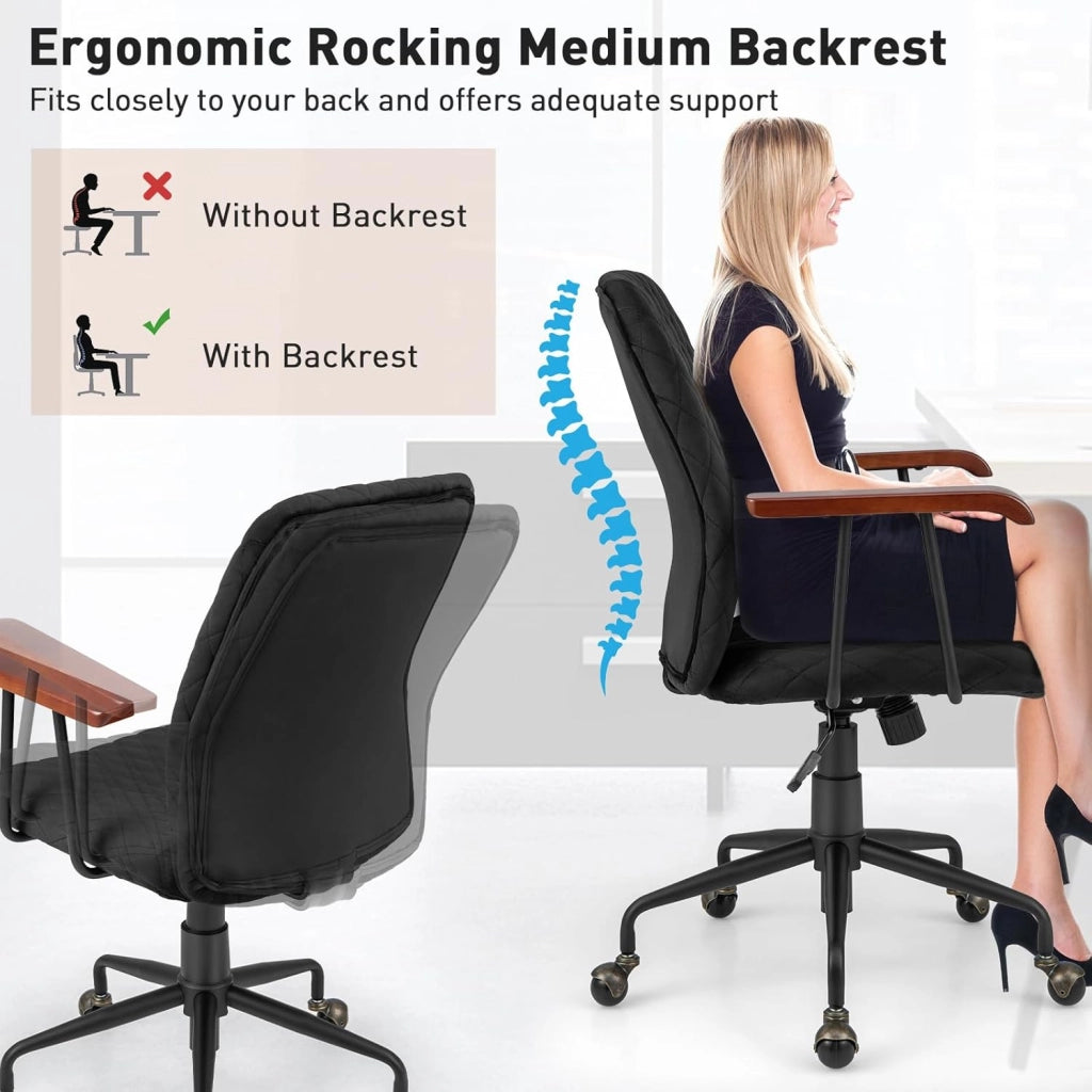 Poltrona da ufficio retrò in velluto regolabile in altezza con ruote, sedia da ufficio ergonomica con seduta imbottita e braccioli in legno di gomma, stile vintage, carico 150 kg