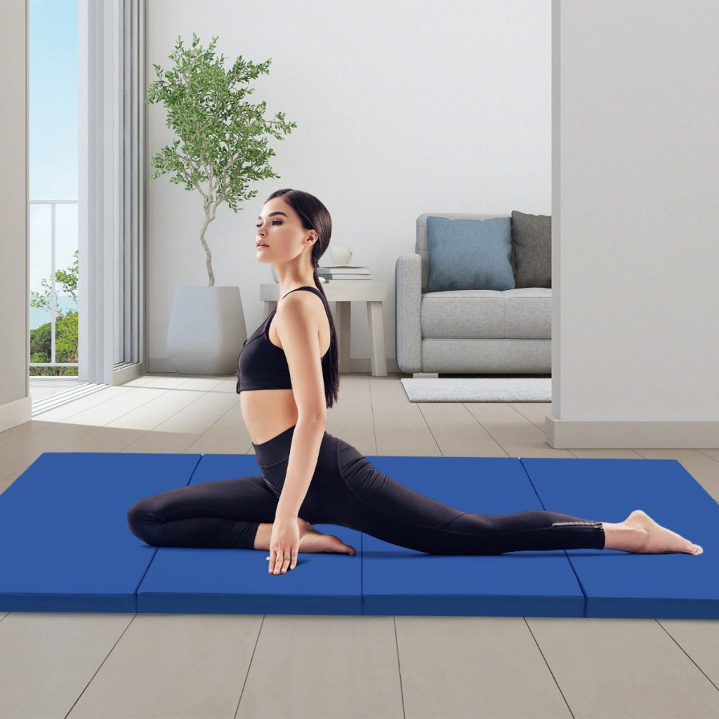 Tappetino per ginnastica pieghevole a 4 pannelli con maniglie chiusure a strappo, Tappetino in ecopelle 300x117cm Blu-Tappetini ginnastica e yoga