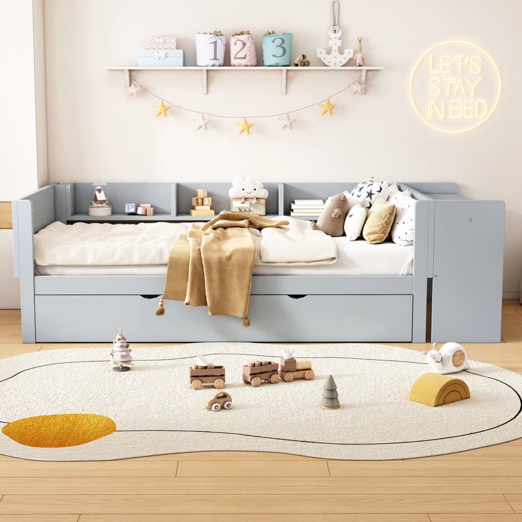 Letto per bambini 90x200 cm con letto estraibile; scrivania e ripiani laterali in legno e MDF grigio
