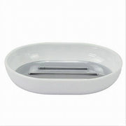 Trade Shop - Piattino Porta Sapone Saponetta Bianco Silver Accessori Bagno 12.5 X 9.5cm 79865 -