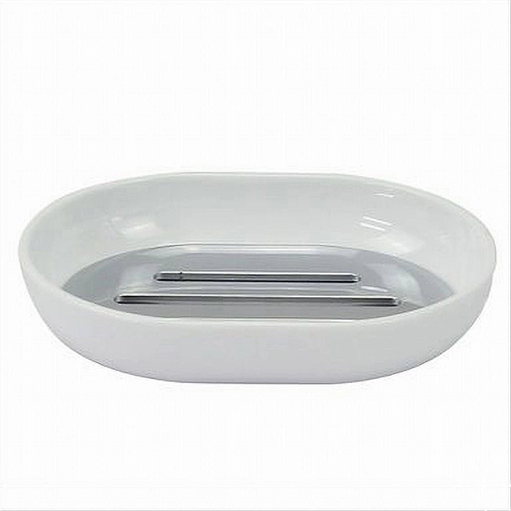 Trade Shop - Piattino Porta Sapone Saponetta Bianco Silver Accessori Bagno 12.5 X 9.5cm 79865 -