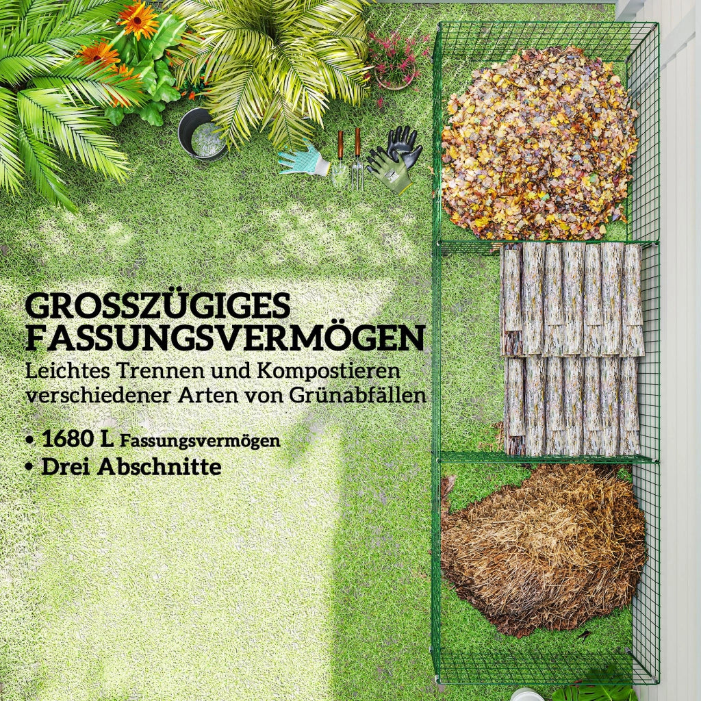 Compostiera da giardino 1680L ¨C Xylo ¨C acciaio verde 270x90x70cm 3 pezzi