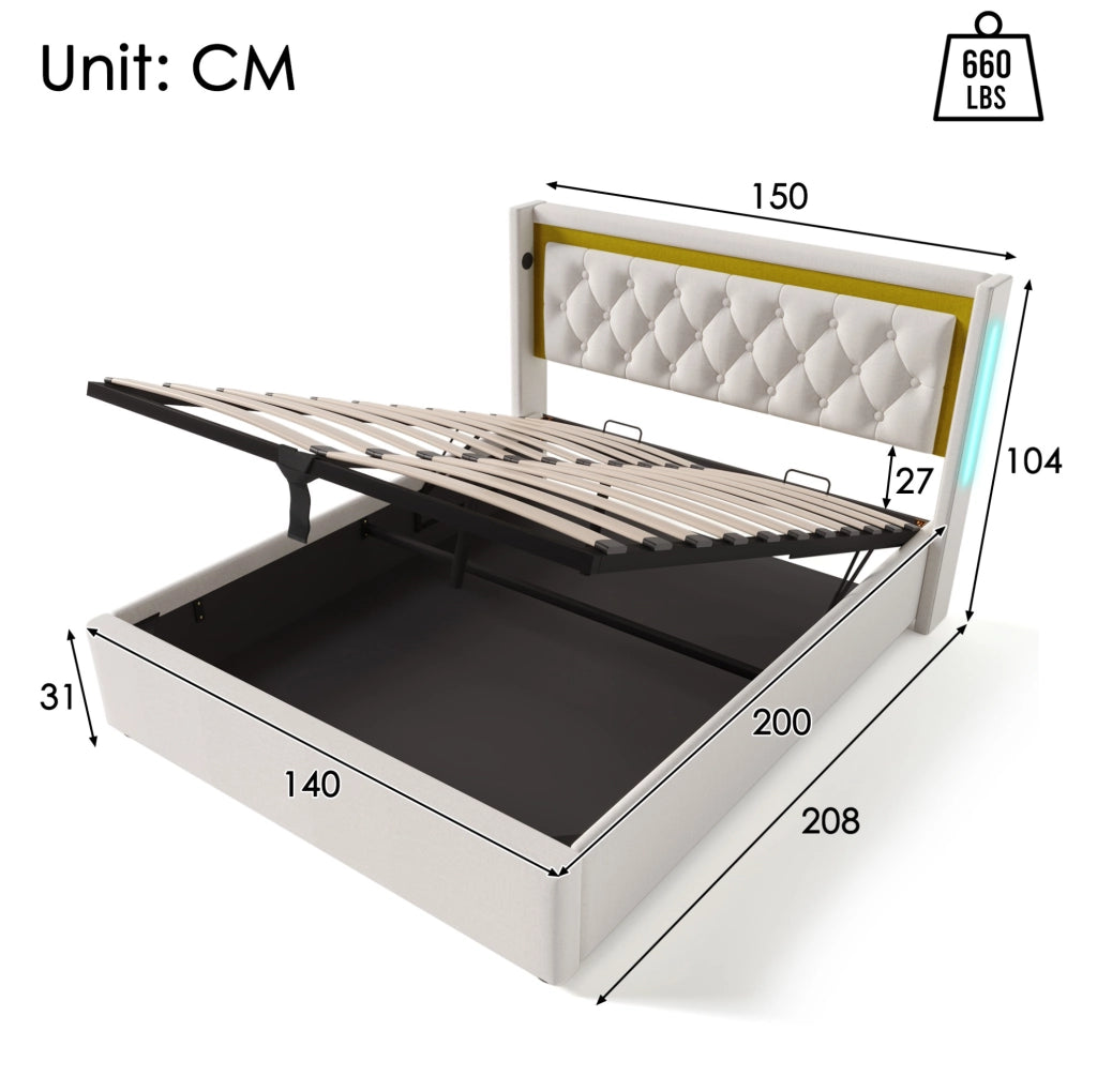Letto contenitore LED 140x200 con materasso e ricarica USB-C