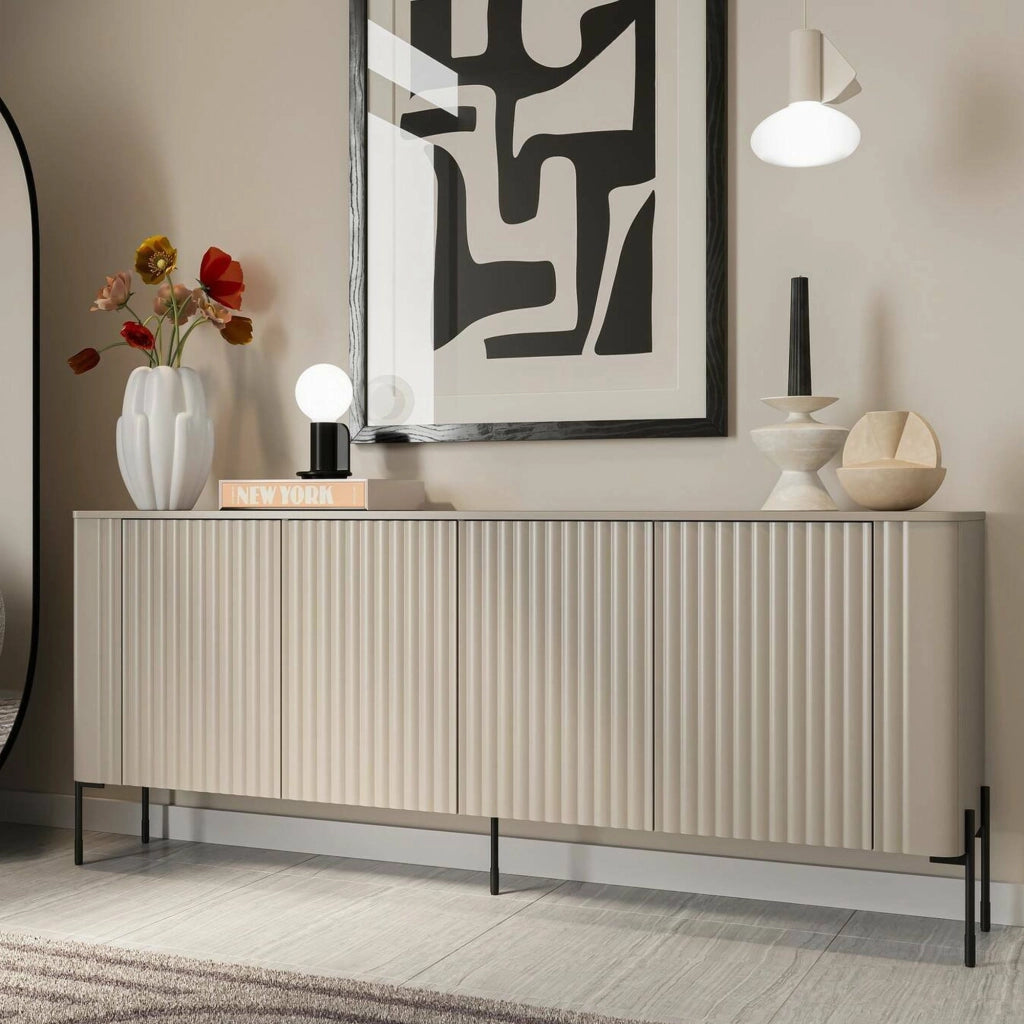 Credenza Laion, Madia da salotto con quattro ante battenti, Rialzata da terra, 190x40 h80 cm, Beige