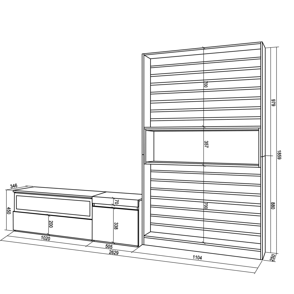 Mobile TV, Soggiorno, 260x35x186cm, Per TV fino a 65", Camino elettrico, colore Rovere e nero RF2536