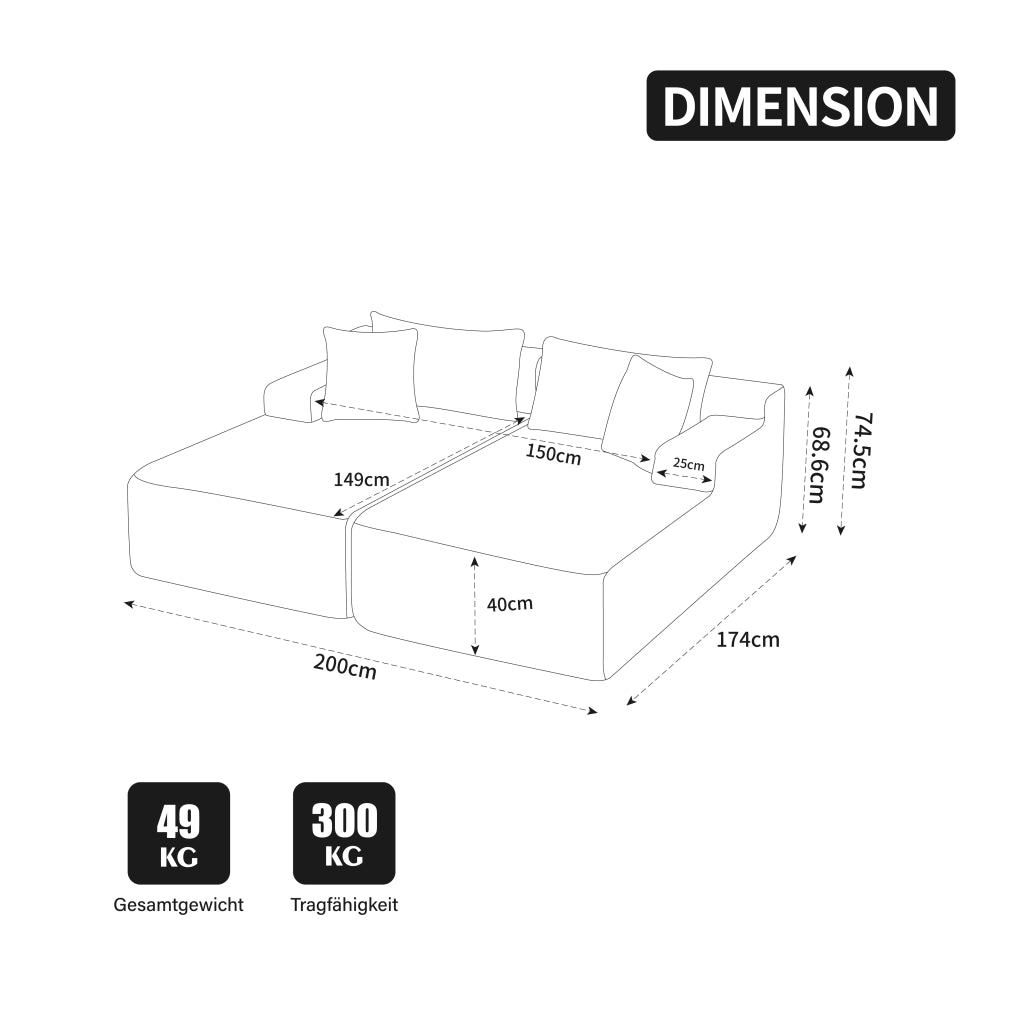 Divano con chaise longue e cuscino in ciniglia grigio