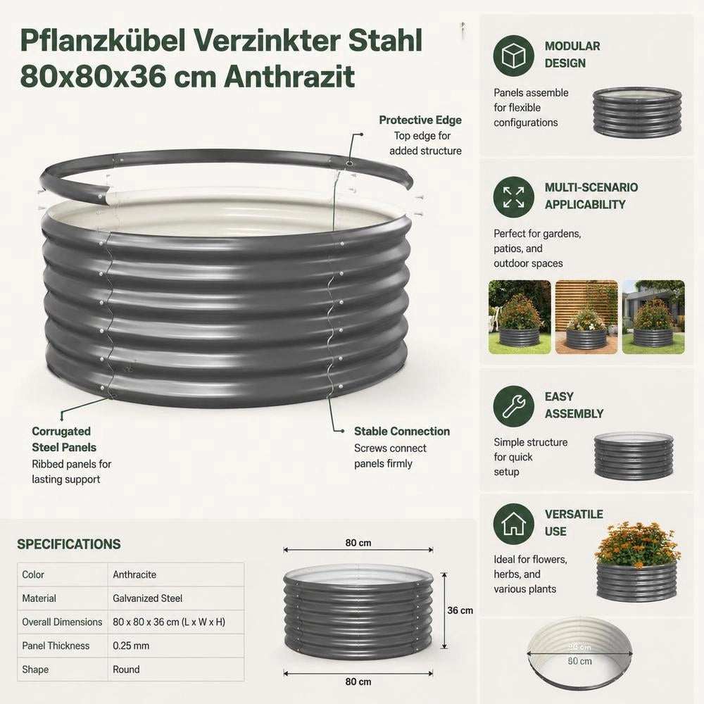 Plant Pot, Galvanized Steel, 80x80x36 Cm, Anthracite