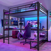 Letto a castello nero in metallo con scrivania led usb-c 140x200 cm