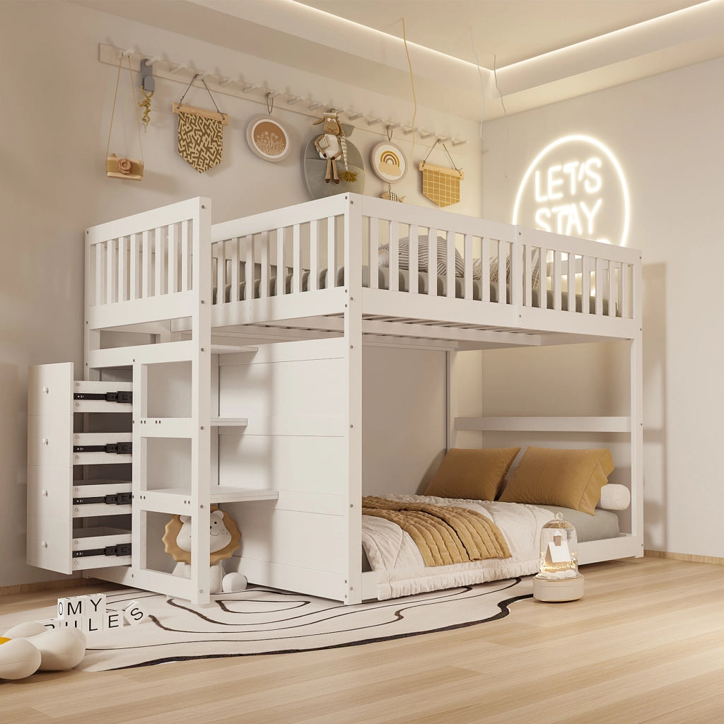 OKWISH Letto a Castello Basso 140×200 cm, Letto Matrimoniale con 4 Cassetti e Scala, Sponde Alte, senza Materasso, in Legno, Bianco
