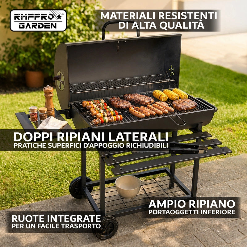 RMF Barbecue a Carbonella con Griglia XL con Termometro Integrato - Kit Accessori e Copertura inclusi, Carrello in Acciaio Resistente con Ruote, Ripiani Laterali Pieghevoli, Cassetto Raccogli-Cenere