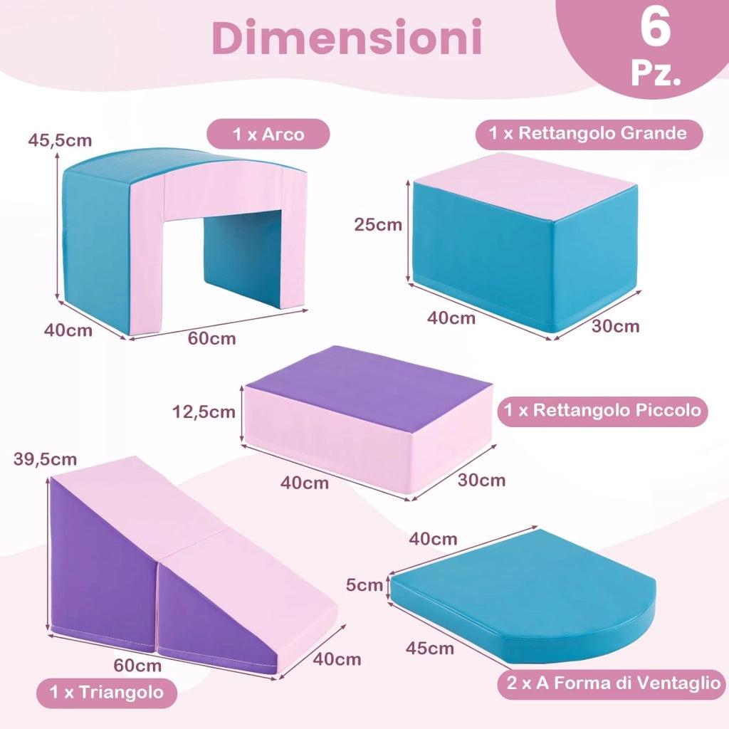 6 Blocchi di Schiuma per Arrampicata, Gioco Morbido per Bambini, Set di Costruzioni Colorate per Arrampicarsi e Strisciare con Tunnel, Scale e Rampetta per Bambini 12 Mesi + (Blu)