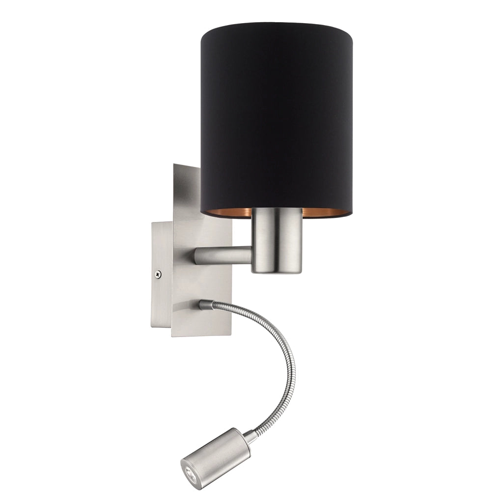Applique Moderna Pasteri Acciaio Nichel Satinato Stoffa Nero 1 Luce E27 Ip20