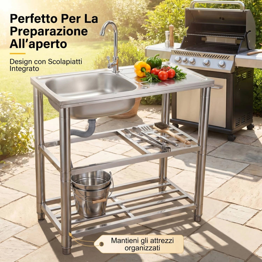 Lavandino in Acciaio Inox Autoportante con Rubinetto e 2 Ripiani – Lavello 1 Vasca con Gocciolatoio Reversibile da Cuc