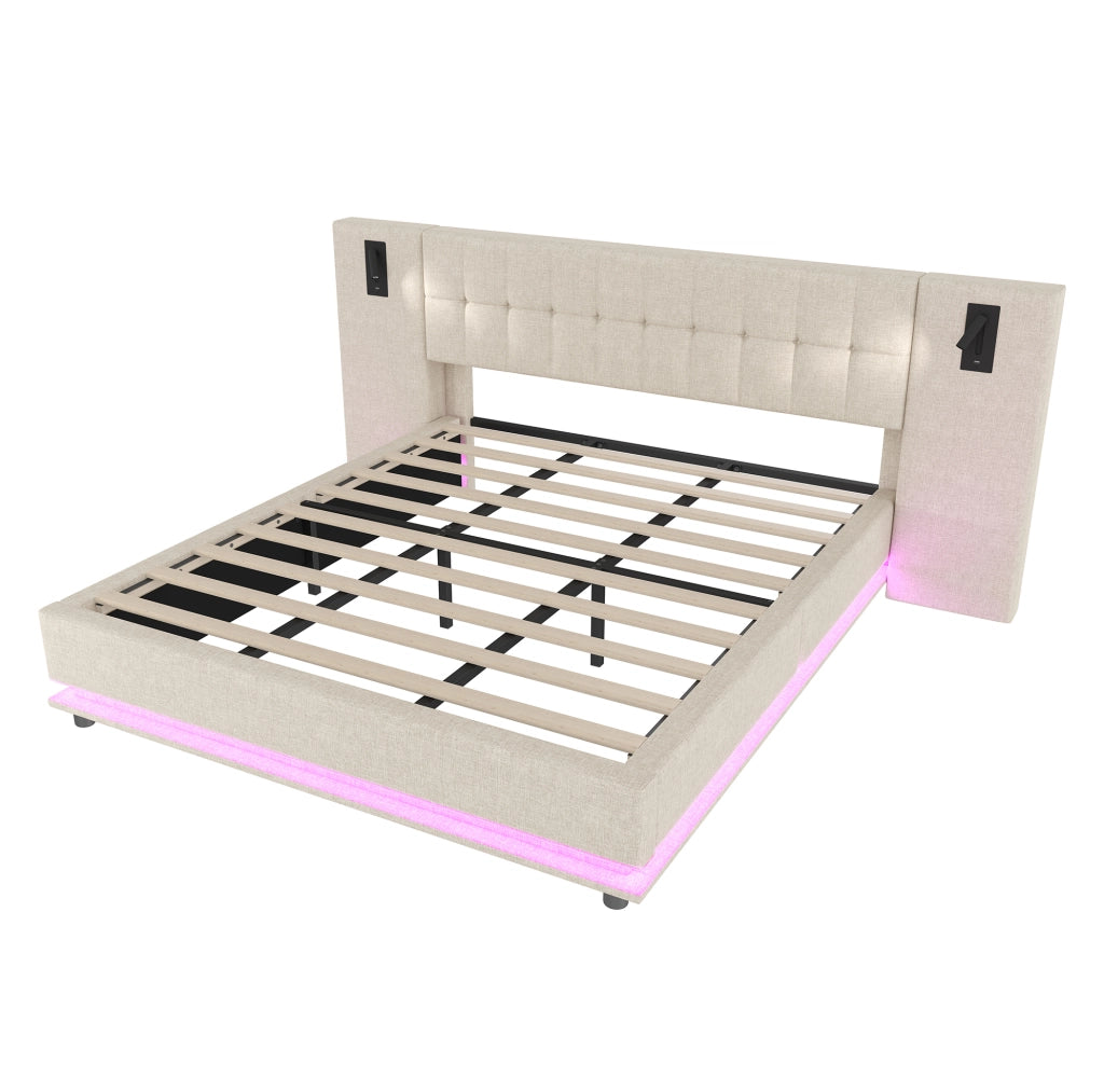 Letto imbottito 180x200 cm con LED; spot e USB in lino beige