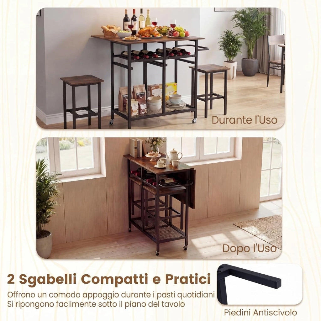 Set Tavolo da Pranzo Pieghevole 3 Pezzi, Tavolo Salvaspazio Estendibile con 2 Sgabelli con Ruote, Portabottiglie da 6 Posti, Ripiani e Maniglia Laterale per Cucina (Caffè,Modello 2)