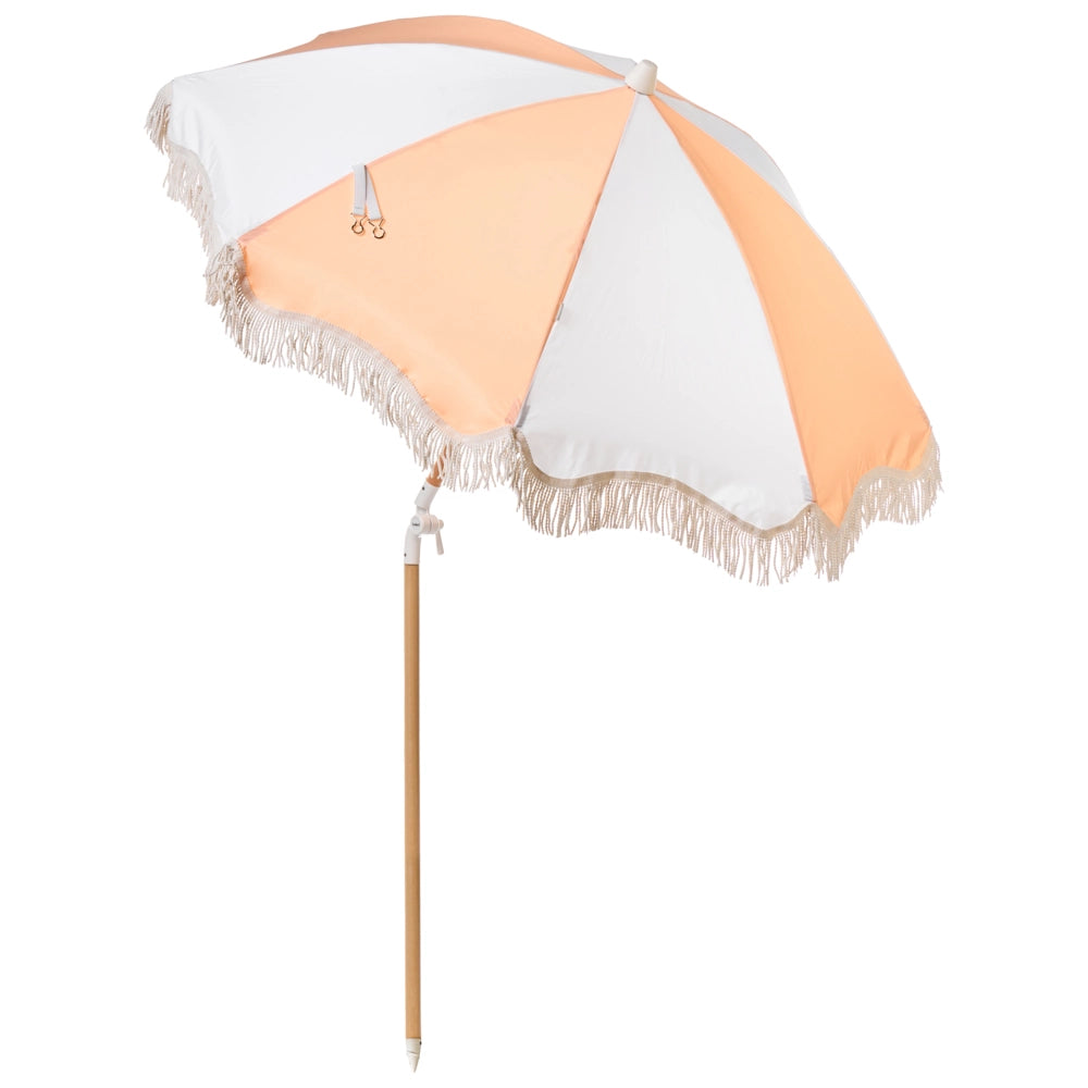 Ombrellone giardino tessuto bianco e arancione palo in legno faggio 150 cm Ombrellone esterno rotondo giardino retrò inclinabile resistente ai raggi UV
