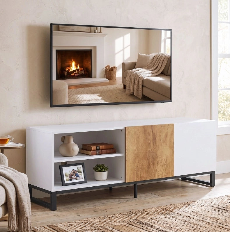 Mobile TV moderno 140 cm bianco e rovere con ripiani regolabili