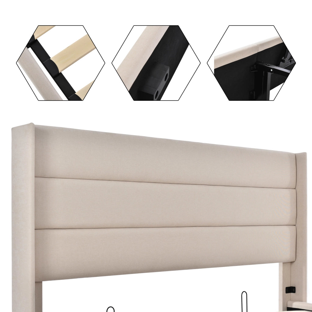 Letto contenitore matrimoniale 160x200 cm, imbottito con vano contenitore e sollevamento idraulico integrato, struttura in legno e metallo, tessuto lino, materasso non incluso, beige