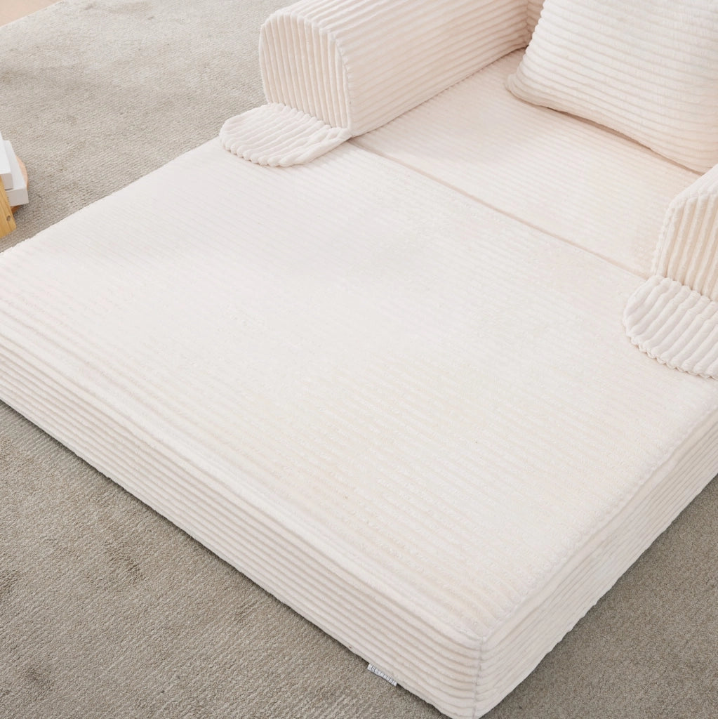 Poltrona letto singola trasformabile in velluto a coste beige con cuscino per ospiti e relax
