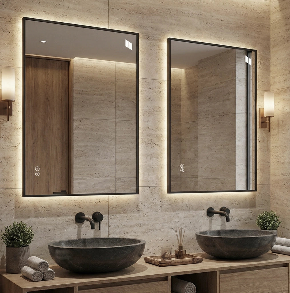Specchio bagno LED 70x90 cm vetro e alluminio argento antinebbia retroilluminato