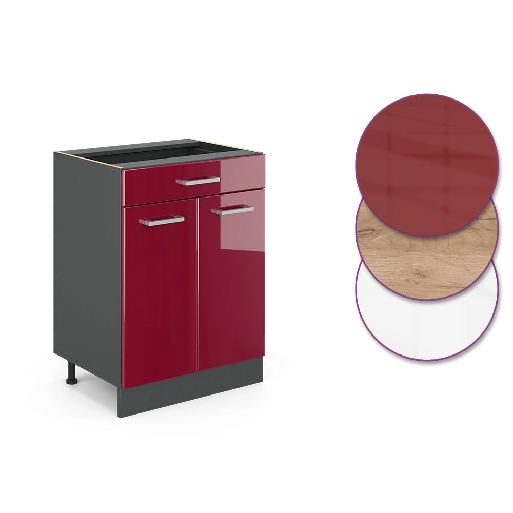 Vicco Mobiletto base per cucina Rosso lucido 60 cm con cassetto, senza piano di lavoro
