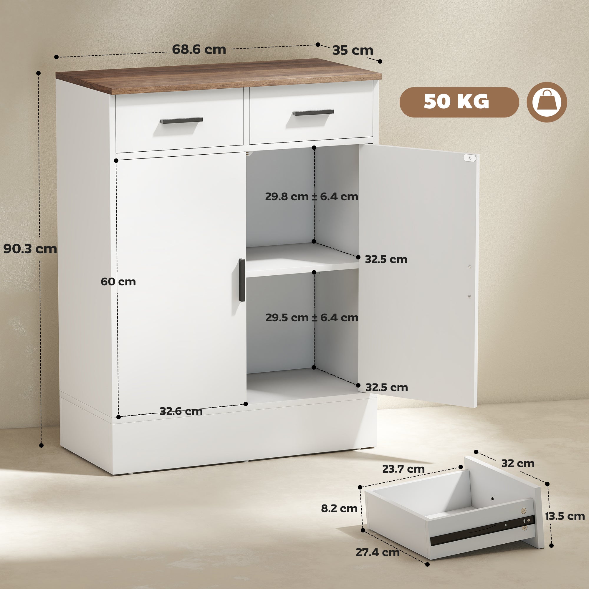 Credenza Moderna 68,6x35x90,3 cm 2 Cassetti e Armadietto in Legno Bianco