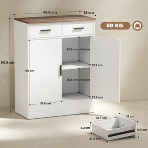 Credenza Moderna 68,6x35x90,3 cm 2 Cassetti e Armadietto in Legno Bianco