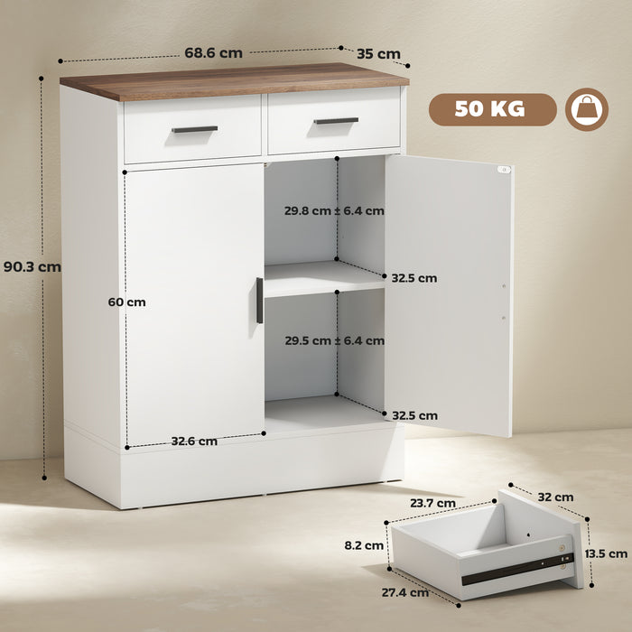 Credenza Moderna 68,6x35x90,3 cm 2 Cassetti e Armadietto in Legno Bianco