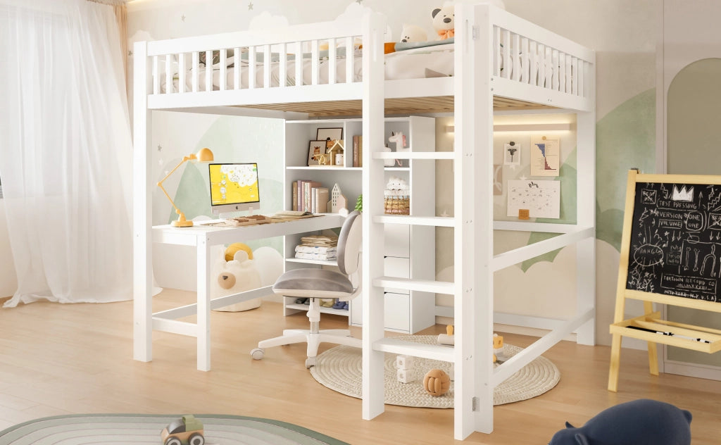 Letto a soppalco bianco per bambini 140x200 cm con scrivania, scala, 3 cassetti e ripiani