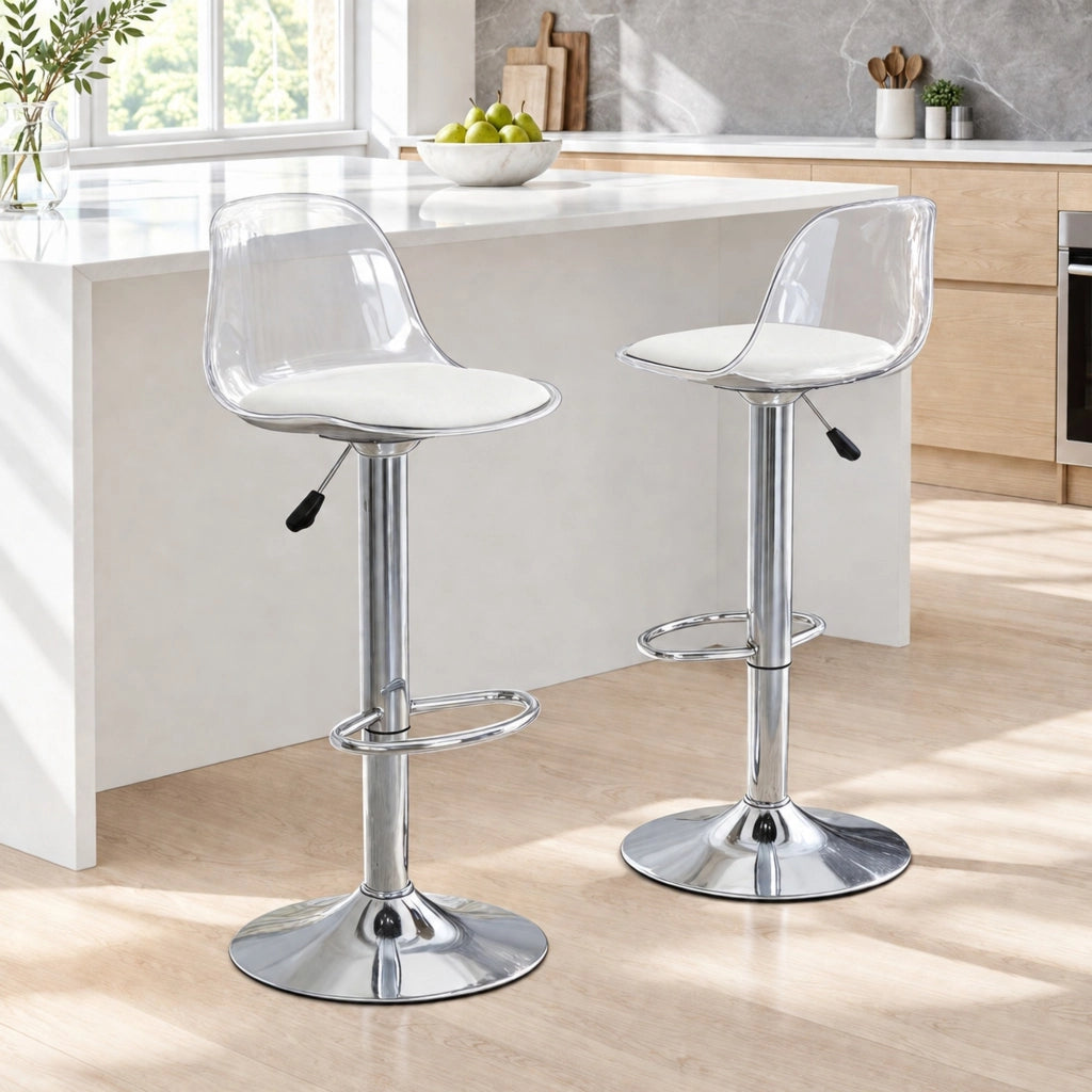 Sgabello da bar regolabile in altezza con schienale trasparente bianco e base in metallo argento set da 2