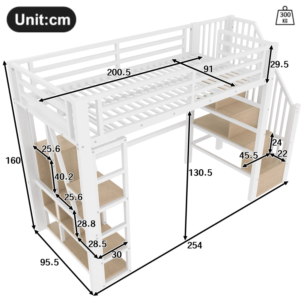 Letto a soppalco 90x200 cm in metallo e MDF con LED; scala con contenitore; bianco